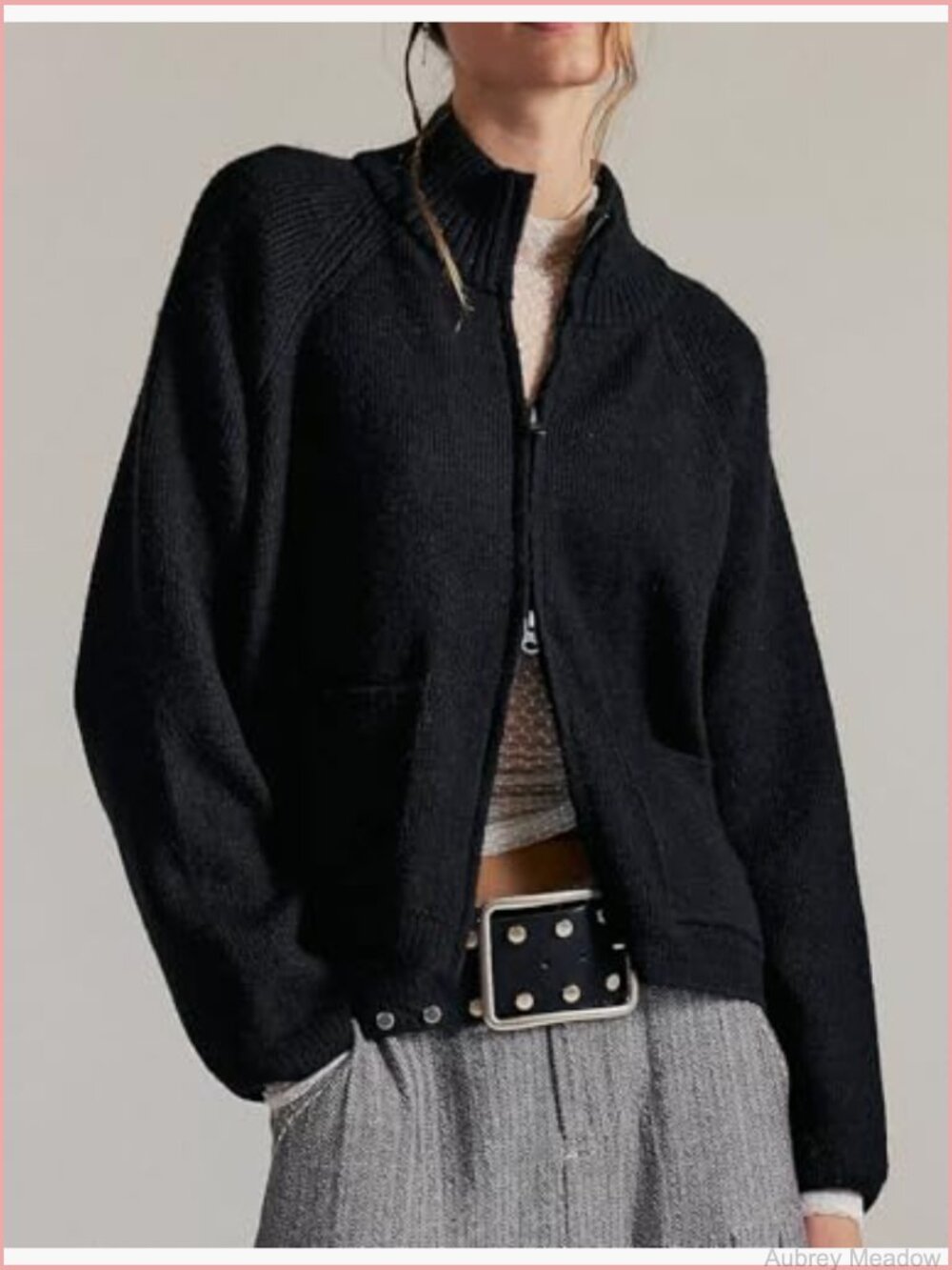 Double Zipper Open Front Cardigan Sweater Ribbed Knit Coat Pockets - Picture 2 of 7